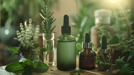 Natural skincare products displayed with fresh herbs and essential oils, highlighting their organic and soothing qualities