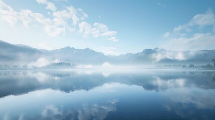 Fototapeta premium Morning fog rolling over a serene lake, with steam gently drifting above the still water