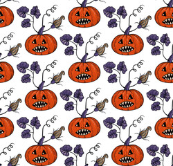 Halloween seamless pattern with cute pumpkin face. Vector illustration