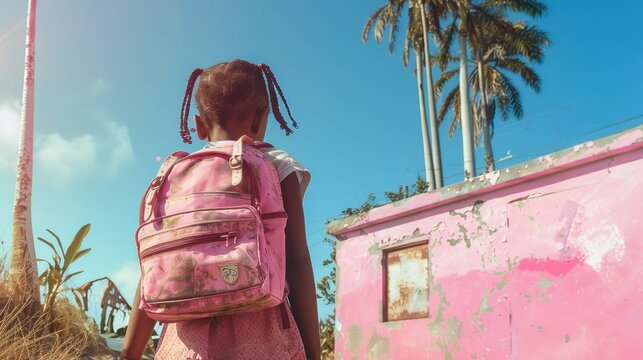 black girl with pink dirty backpack goes to school against the background of school, palm trees on a sunny day, September 1, disadvantaged children