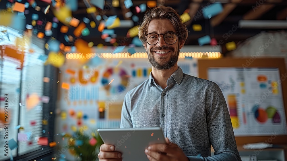 Leinwandbilder a businessman standing in a modern office, triumphantly holding a tablet displaying impressive sales