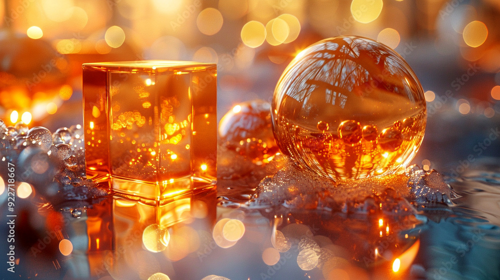 Poster captivating amber orbs and cube reflecting warm light in a serene setting at dusk