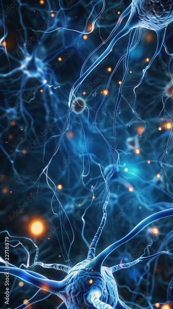 Poster detailed illustration of neural networks with glowing synapses, showcasing the complexity of the hum