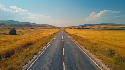 Fototapeta premium A Serene Journey Awaits on the Infinite Stretch of Highway through Golden Fields