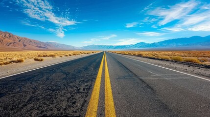 Naklejka premium A Majestic Desert Highway: A Road Stretching into the Infinity Under a Clear Blue Sky