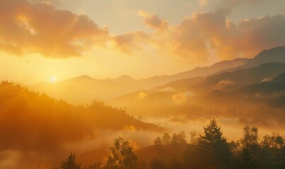 Sunrise over misty mountains, golden light, serene landscape, nature awakening