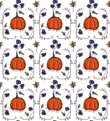 Seamless pattern with pumpkins and leaves. Perfect for Thanksgiving, Halloween print