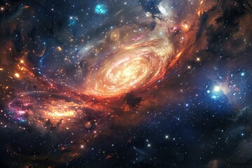 Glowing spiral galaxy with bright red orange yellow star clusters and dust clouds in deep outer space