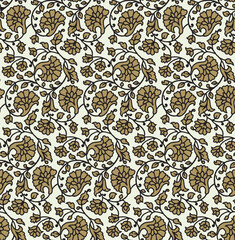 Indian Floral Seamless Vector Pattern, Vintage Oriental Motif Print for Chintz fabric or Batik Indonesia Sarong, Arabesque Design, Christmas Decoration 