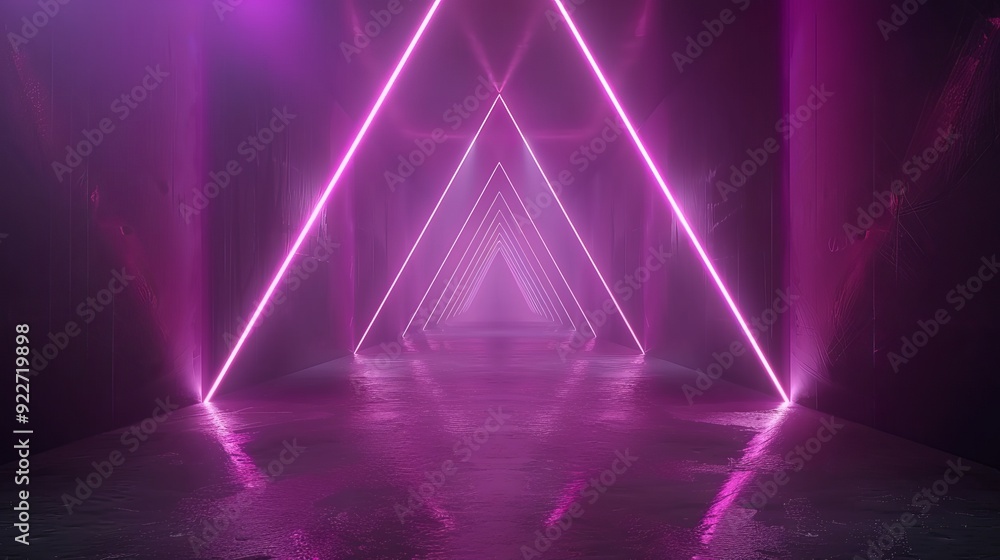 Poster neon light tunnel perspective. vector realistic illustration of dark hall with triangular shape geom