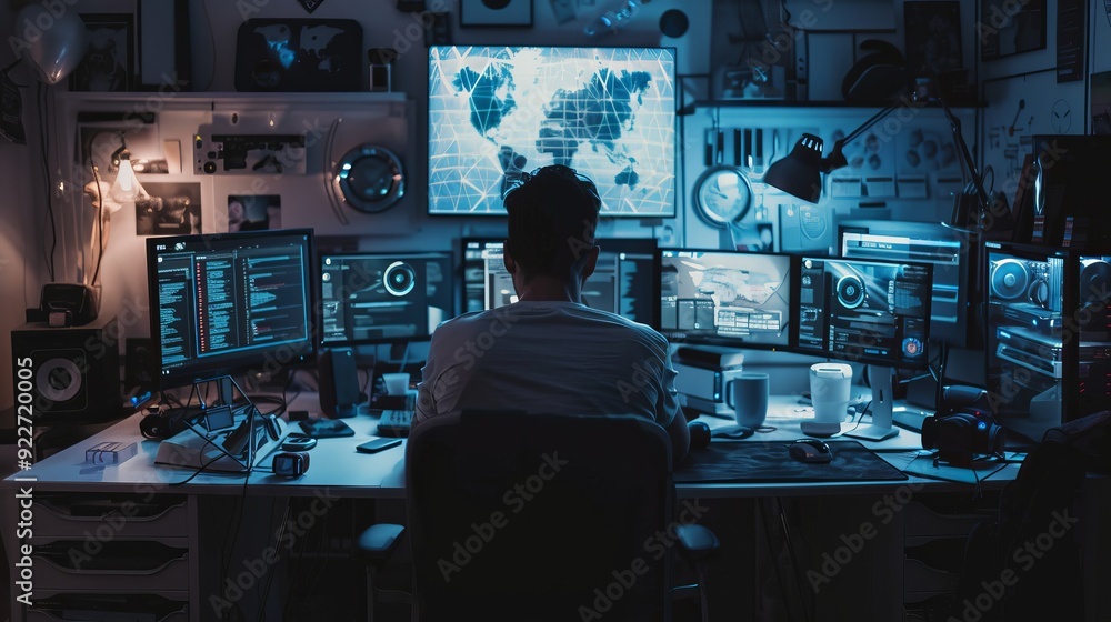Poster freelancer managing multiple projects at home, surrounded by tech gadgets and organized workspaces
