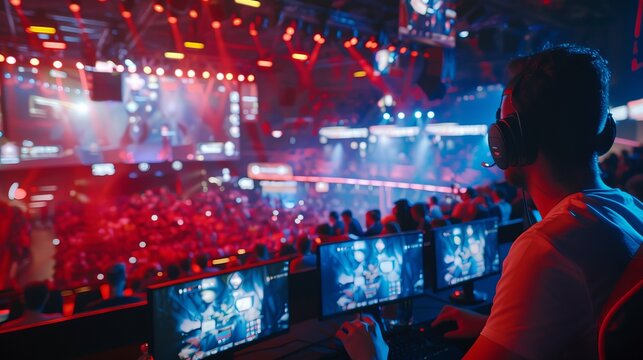 Intense esports tournament with gamers in action, competing on stage with large screens and cheering crowds