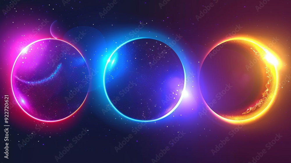 Poster total and partial solar eclipse with different colors of neon glow against dark night sky. realistic