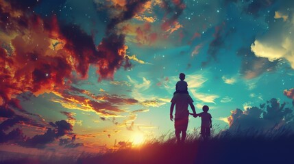 Fototapeta premium Design an abstract visual capturing a father and son from the back, with the child on his dad's shoulders, holding hands, and gazing into a breathtaking vista, with lively colors and emotive scenery