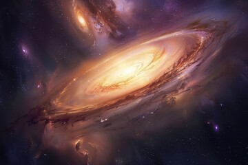 Fototapeta premium Glowing spiral galaxy with bright center and dark dust lanes in deep space.