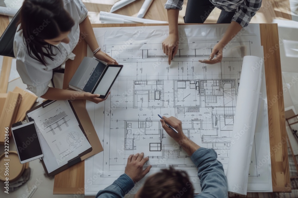 Poster group of people using laptops at a table, remote work concept