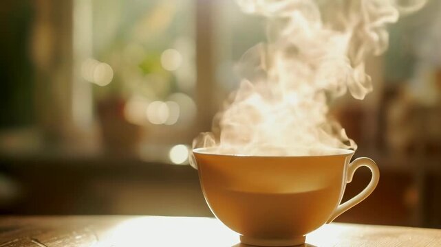 A steaming cup of coffee sits on a wooden table in a sunlit kitchen. The light filters softly through the window, creating a warm and inviting atmosphere. Ideal setting for a calm morning.