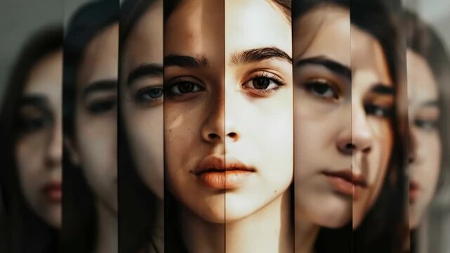 A mesmerizing display of different faces interweaving highlights the uniqueness of beauty and identity in a creative urban backdrop