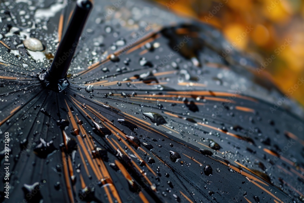 Poster a detailed view of a black umbrella with water droplets on the fabric, ideal for use in weather or n