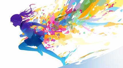 Teenager student run so fast with colorful splash explosion isolated on white background, silhouette, concept of youth, colorful life, promising future, passionate anime character illustration