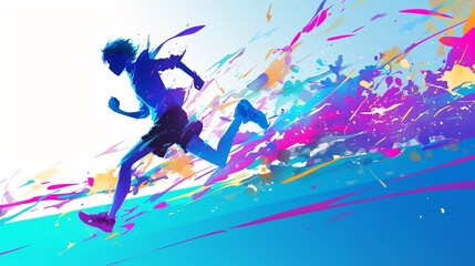 Teenager student run so fast with colorful splash explosion isolated on white background, silhouette, concept of youth, colorful life, promising future, passionate anime character illustration