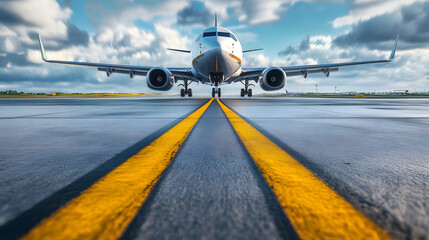 Airplane taxiing on runway at airport with yellow line.