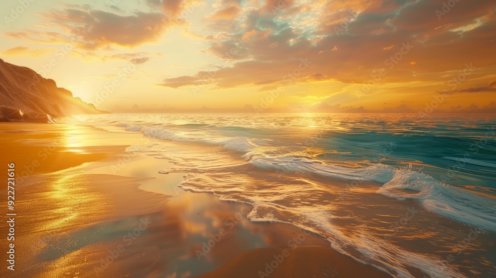 Wall mural golden sunrise over a serene beach