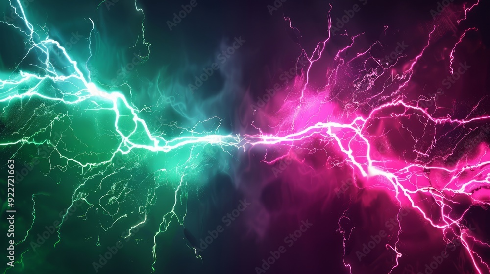 Poster pink and green thunder collision with shock burst flash and neon glow light effect for vs design. re