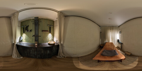 hdri 360 panorama view in stylish beauty spa and massage saloon in wooden room in equirectangular seamless spherical  projection.