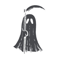 Vector halloween ghost grim Reaper. Hand painted linear phantom silhouette illustration. Graphic monochrome symbol of death for tattoo, magical hand painting for holiday, horror. Isolated 