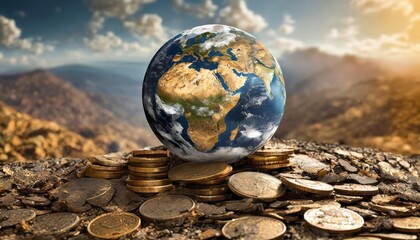 The planet Earth globe on a pile of money coins symolizing how money rules the world
