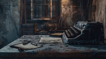 A classic typewriter sits atop a wooden table, with its keys and rollers visible