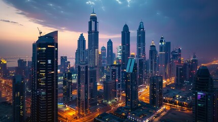 Obraz premium Stunning cityscape featuring towering skyscrapers with illuminated facades at twilight,