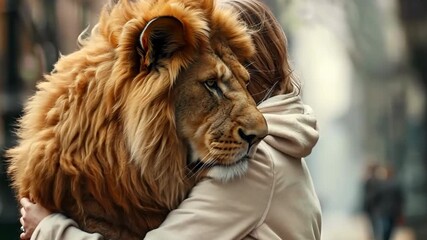 A woman lovingly hugs a majestic lion as they share a unique bond amidst the lively atmosphere of the urban landscape