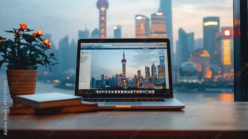 Aufkleber An open laptop on the desk, On top is a stack of books and behind it there's city skyline in China. Generative AI.
