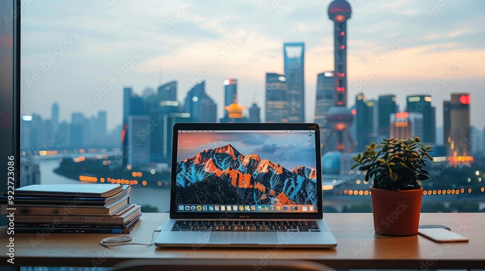 Poster an open laptop on the desk, on top is a stack of books and behind it there's city skyline in china. 