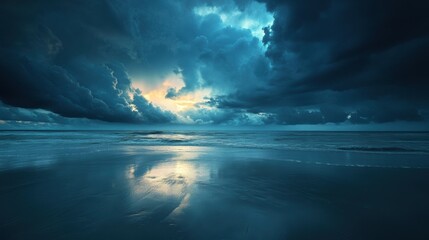 A dark cloudy sky over a beach with water and sand, AI