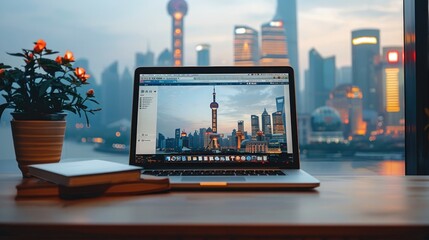 An open laptop on the desk, On top is a stack of books and behind it there's city skyline in China. Generative AI.