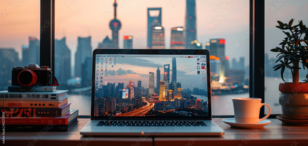 Aufkleber an open laptop on the desk, on top is a stack of books and behind it there's city skyline in china. 