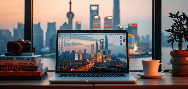 An open laptop on the desk, On top is a stack of books and behind it there's city skyline in China. Generative AI. - Powered by Adobe