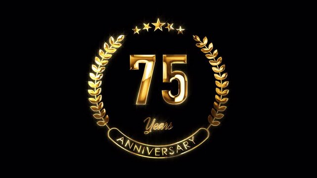75th Anniversary Celebration. Happy 75 Years Anniversary Animation in Gold Color on the Transparent Background, Alpha Channel. Great for greetings, celebrations, events, and gifts.