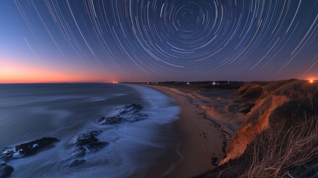 startrail captured from a beach on the Outer Cape Cod National Seashore, created in a single long exposure. The circular motion of the stars contrasts against the serene, dark ocean