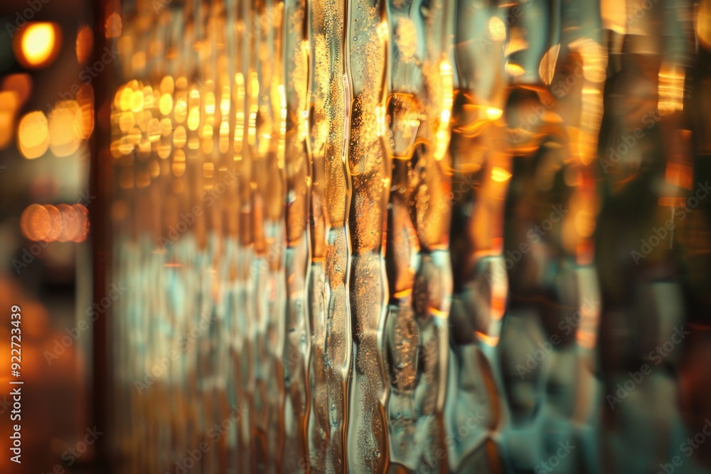 Poster close-up shot of a metal fence with lights in the background, suitable for use in architectural or c