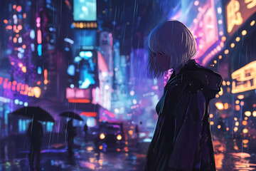 Obraz premium A girl gazes out at a rainy cityscape, where neon reflections on wet streets merge nostalgia with a futuristic ambiance. 