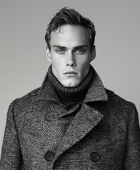 Obraz premium Black and white portrait of a male model wearing a textured coat