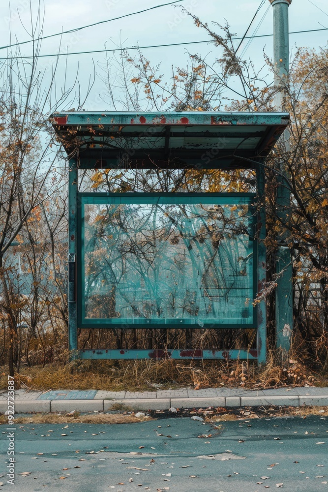 Poster A simple bus stop on the side of a road, often used as a landmark or reference point