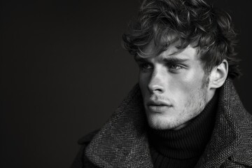 Obraz premium Black and white portrait of a male model wearing a stylish coat