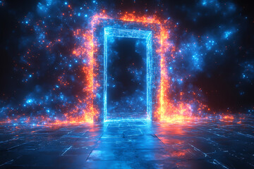 Open door icon with light shining through, designed in wireframe style on a dark blue background, symbolizing opportunity and new beginnings.

