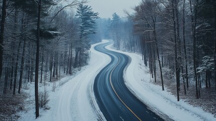 Fototapeta premium A snowy road in the middle of a forest with trees on both sides, AI