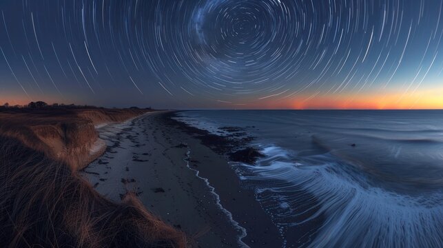 startrail captured from a beach on the Outer Cape Cod National Seashore, created in a single long exposure. The circular motion of the stars contrasts against the serene, dark ocean